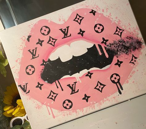 Girly Canvas Painting Ideas, Girly Canvas Painting, Paintings Canvas Easy, Lips Canvas Painting, Baddie Paintings, Baddie Paintings Canvas, Louie Vuitton, Paintings Ideas, Paintings Canvas