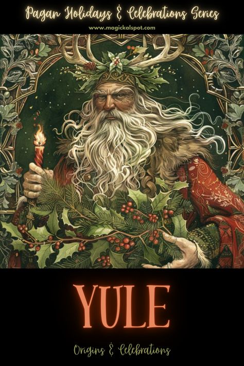 Embrace the warmth of 'Celebrating Yule: Origins & Celebrations' ❄️🔥. Discover the ancient traditions of the Winter Solstice, marking the return of light. Learn how to honor this time with rituals, feasts, and joyous gatherings. Perfect for welcoming the sun's rebirth and reflecting on the year past. 🌲✨ #YuleTide #WinterMagic Holly King Pagan, Winter Solstice Images, Yule Aesthetic, Yule Art, Pagan Winter, Yule Pagan, Celebrating Yule, Pagan Sabbats, Yule Holiday