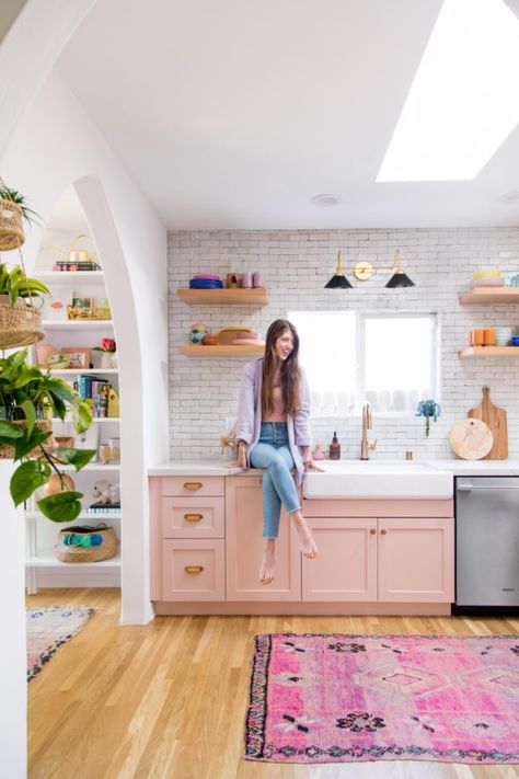 Diy Shaker Door, Sustainable Swaps, Design Hall, Oak Floating Shelves, Studio Diy, Orange Kitchen, Pink Kitchen, Favorite Kitchen, Custom Kitchen