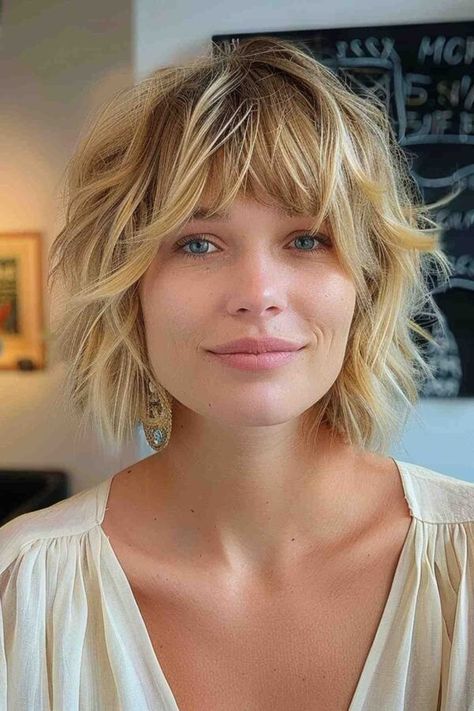 Cute Shag Haircut Short, Short Bob Shag Haircut, Short Hair Shaggy Bangs, Short Flicky Hair, Short Blonde Shag Haircut, Cute Short Shag Haircuts, Blond Shag Hairstyles, Growing Out A Pixie Hairstyles, Layered Shag With Fringe Short