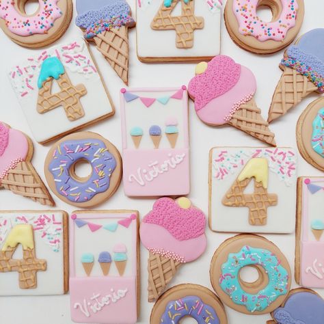 Ice Cream Birthday Party Cookies, Four Ever Sweet Birthday Cookies, Three Scoops Of Fun Cookies, 4 Ever Sweet Birthday Cookies, Four Ever Sweet Cookies, 4ever Sweet Birthday Party, Three Scoops Of Fun Birthday Party, Fourever Sweet Party Ideas, 3 Scoops Of Fun Birthday