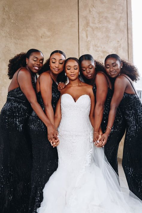 Black Wedding Photos, Black White And Gold Wedding, Black People Weddings, Wedding Group Photos, Wedding Party Poses, College Sweethearts, Bridesmaid Poses, Bridesmaid Pictures, White Tux