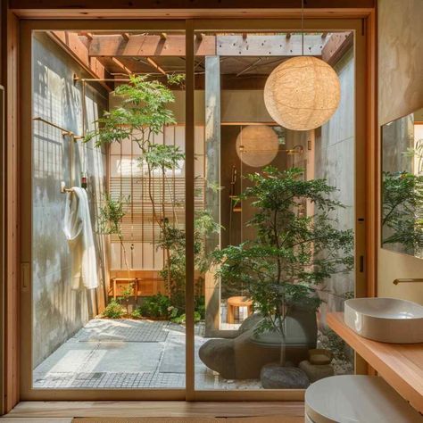 bathroom japandi midmod Japandi Interior Bathroom, Zen Modern Interior, Asian Spa Bathroom, Zen Garden Bathroom, Japanese Shower Room, Zen Bathroom Decor Ideas, Japandi Architecture, Japandi House Exterior, Japan Bathroom