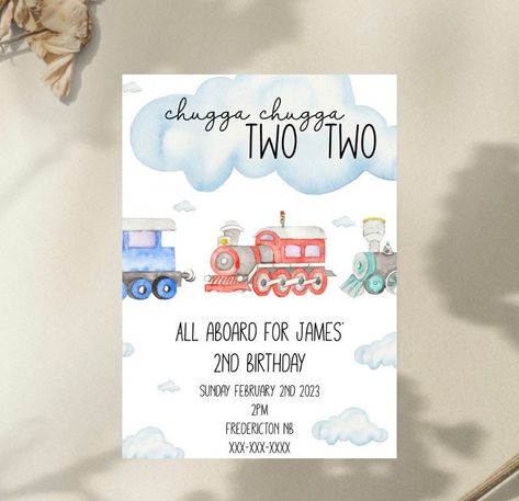 Chugga Chugga Two Two, Second Birthday Train Theme by TemplatesByTal on Etsy Birthday Train Theme, Train Birthday Theme, Chugga Chugga Two Two, Two Birthday, Two Two, Train Theme, Trains Birthday Party, 2 Birthday Cake, 2nd Birthday Invitations