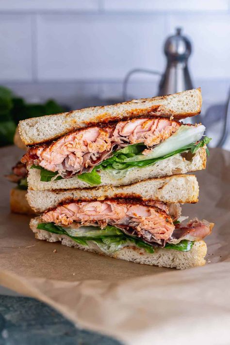 Sourdough Salmon Sandwich, Salmon Recipes Sandwich, Salmon Sandwich Ideas, Roasted Garlic Mayo, Salmon Sandwich Recipes, Salmon Sandwiches, Prosciutto Sandwich, Fish Sandwich Recipes, Toasted Sandwich