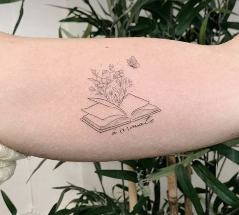 Book And Rose Tattoo, Flower Book Tattoo, Books And Flowers Tattoo, Book Tattoos, Bookish Tattoos, Tulip Tattoo, Upper Arm Tattoos, Birth Flower Tattoos, Fish Tattoo