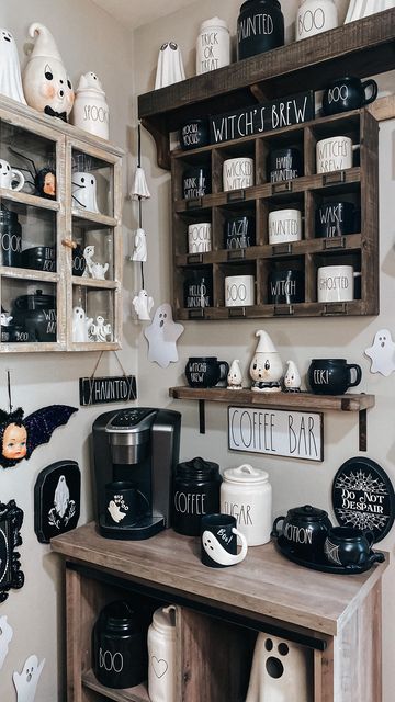 Halloween Themed Kitchen, Black Coffee Bar Ideas, Goth Coffee Bar, Spooky Coffee Bar, Fall Football Decor, Black Coffee Bar, Horror Room Decor, Bar Kitchen Ideas, Coffee Bar Recipes