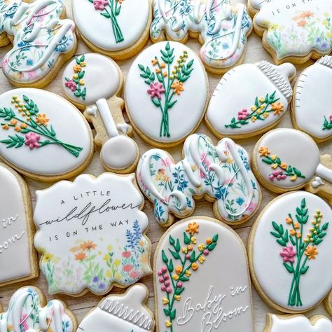 Wildflower Cookies Baby, Bright Floral Baby Shower Ideas, Baby In Bloom Color Scheme, Wildflower On The Way, Girl Baby Shower Wildflower Theme, Baby Shower Themes Baby In Bloom, Springtime Baby Shower Ideas, Baby Shower Ideas Wildflower, Baby Shower Color Themes Girl