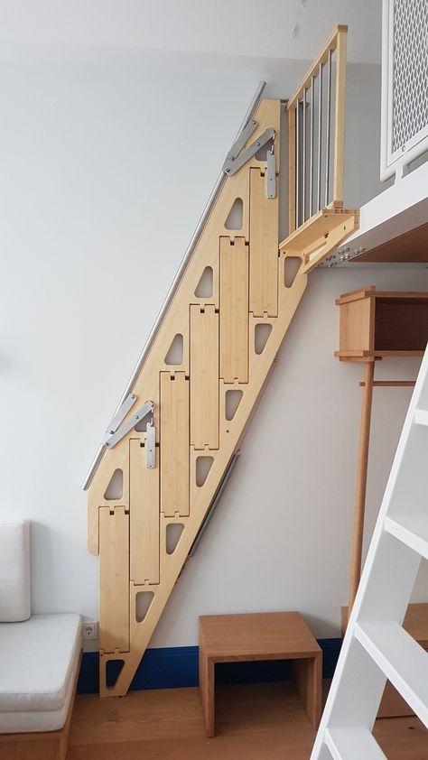 Bamboo Retractable stair Bcompact Hybrid Ladder by Bcompact_10 Retractable Stairs, Retractable Ladder, Small Staircase, Tiny House Stairs, Loft Ladder, Diy Bathroom Furniture, Convertible Furniture, Diy Furniture For Small Spaces, Diy Apartment Furniture