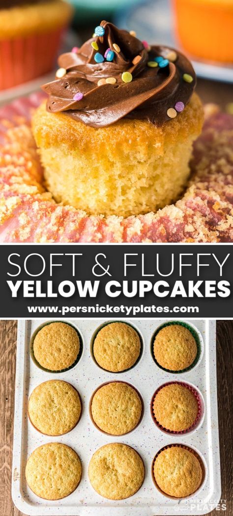 Learn to make the best yellow cupcake recipe with just a handful of baking staples in under 25 minutes! Cupcakes made from scratch should be a staple recipe in every baker's arsenal, and these are buttery soft, tender, and pair perfectly with your favorite frosting! Cupcake Recipes With Cake Flour, Oil Cupcake Recipe, Plain Cupcake Recipe, Homemade Cupcakes From Scratch, Yellow Cupcake Recipe, Best Cupcake Recipe, Cupcake Recipes Uk, Gourmet Cupcake Recipes, Basic Cupcake Recipe