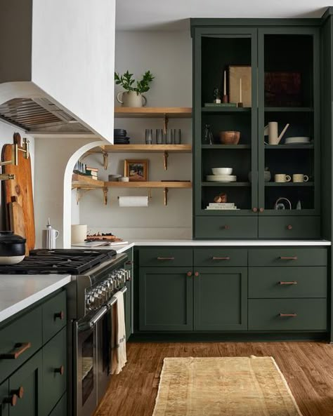 Scandinavian Cottage Kitchen, Goblin Core Kitchen, Refinish Cabinets Kitchen, Cabin Interiors Kitchen, Kitchen With Green Cabinets, Urbanology Designs, Open Shelving Kitchen Cabinets, Organic Modern Kitchen, Interior Ikea