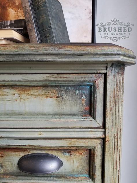 Grungy Green, Gray and Rusted | Brushed By Brandy Diy Furniture Paint, Brushed By Brandy, Patina Paint, Furniture Painting Techniques, Furniture Cleaner, Chalk Painting, Furniture Rehab, Dixie Belle Paint, Furniture Paint