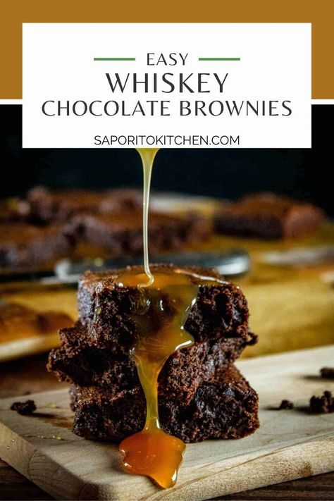 Chocolate Whiskey Brownies are fudgy and indulgent, drizzled with caramel and sprinkled with sea salt. This easy brownie recipe can be made in just 30 minutes and is perfect when you need a chocolate fix! Alcohol Brownies, Dark Desserts, Whiskey Brownies, Boozy Brownies, Whiskey Desserts, Alcohol Desserts, Boozy Food, Boozy Cakes, Homemade Brownie Recipe