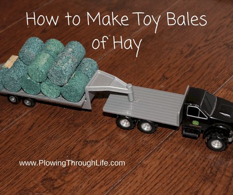 how to make toy bales of hay text on toy truck pic pulling bales of hay Farm Toys Diy, Ertl Farm Display, Toy Farm Displays, Ertl Farm Toys, Farm Toy Display Diy, Wooden Toy Farm, Stone Spray Paint, Farm Display, Farm Toy Display