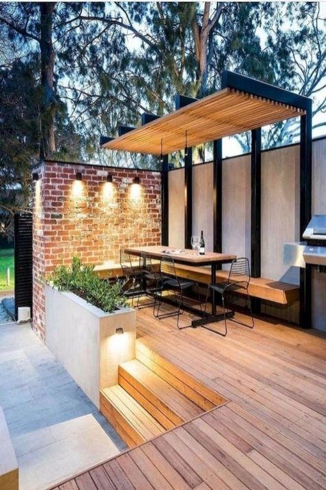 The illuminated effect of this pergola with chic seating is ideal to transform the boring yard into something spectacular. Turn the ordinary into extraordinary.#pergola #pergolaideas #pergolaplans #pergoladesigns Backyard Entertaining Area, Outdoor Patio Designs, Backyard Entertaining, Backyard Pergola, Backyard Lighting, Brick Patios, Pergola Plans, Modern Patio, Pergola Patio