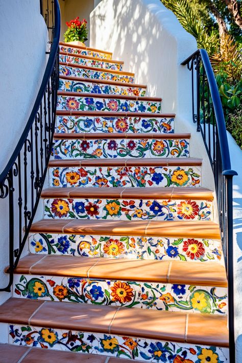 How about adding a splash of color to your stairs? These vibrant, non-slip tile steps are both practical and eye-catching. I love how they bring personality and charm to any deck while staying safe for daily use. Brighten up your backyard with this creative and colorful idea that’s as stylish as it is functional. Mosaic Tiles Stairs, Spanish Tile Steps, Tile On Step Risers, Tiles For Stairs Ideas, Mexican Stairs, House Exterior Stairs, Tiles On Stairs, Outside Stairs Design, Mexican Tile Stairs