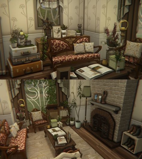 Inside Cottage Aesthetic, Bloxburg Cozy Interior, Sims 4 Witchy Bedroom, Bloxburg Cottage Interior Ideas, Cottage Core Bloxburg Living Room, Cottage Home Bloxburg, Bloxburg Living Room Ideas Autumn, Sims 4 Cc Beige Furniture, Sims 4 Vintage Bedroom