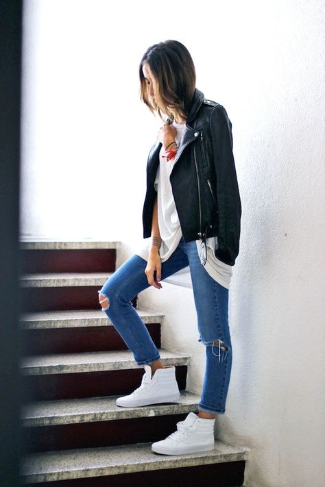 leather moto jacket, white tee, ripped knee jeans & whit hi-top sneakers #style #fashion White Hightop Vans Outfit, Van High Tops Outfit, High Top Vans Outfit, High Top Sneakers Outfit, High Tops Outfit, How To Wear Vans, Tops Outfit, Vans High, Sneaker Outfits Women