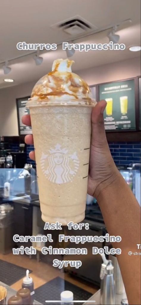 Carmel Frappachino, Starbucks Recipes Caramel Frappuccino, Cinnamon Frappuccino Starbucks, Churro Frappe, How To Make Starbucks Drinks At Home Frappuccino Caramel, Diy Starbucks Caramel Frappuccino, Carmel Starbucks Frappuccino Recipe, Starbucks Caramel Frappuccino, Coffee Frappuccino