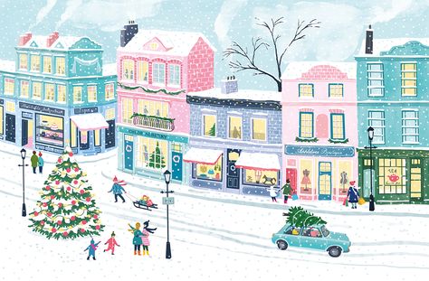 Christmas on Notting Hill- design for tea packaging on Behance Snowy Village, Christmas Globes, Mountain Art Print, Winter Illustration, Tea Packaging, Whimsical Christmas, Perfect Family, Christmas Scenes, Christmas Scene