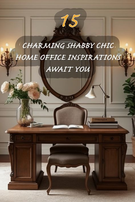 I love how this shabby chic home office blends elegance with comfort. The vintage-style desk paired with the soft-toned chair creates a welcoming workspace. Gorgeous floral arrangements add a touch of freshness, while the ornate mirror reflects the beautiful ambiance. If you're searching for inspiration to create your own stylish office space, this design is sure to spark some ideas! French Country Office Decor Work Spaces, Beautiful Office Spaces For Women, Home Office French Country, French Country Desk Office Spaces, Modern Office With French Desk, French Chateau Office, Chic Home Office Ideas, Small Home Office Design Ideas, Japandi Dining Room