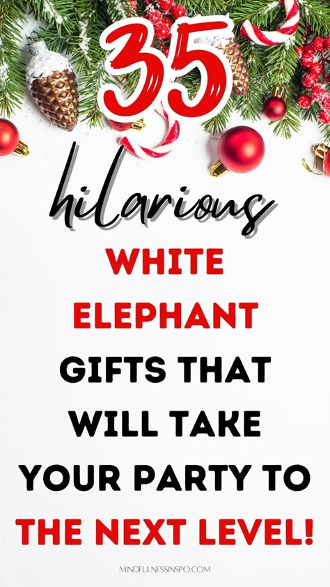 35 hilarious white elephant gifts that will take your party to the next level! gift guide on mindfulnessinspo.com Dirty Santa Gift Ideas Funny, Fun White Elephant Gift Ideas, White Elephant Gift Exchange Ideas Funny, White Elephant Gifts For Work, Work White Elephant, Dirty Santa Gift Ideas, Dirty Santa Gift Exchange, Office White Elephant, Christmas Gift Exchange Party