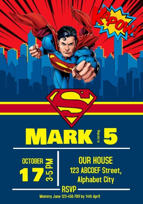 Customize this design with your video, photos and text. Easy to use online tools with thousands of stock photos, clipart and effects. Free downloads, great for printing and sharing online. A4. Tags: superman, superman birthday, superman birthday invitation, superman birthday party invitation template, superman birthday theme party, Birthday, Party Flyers, Corporate , Party Invitation Birthday Superman, Superman Invitation Template, Superman Themed Birthday Party, Superman Invitations, Superhero Party Invitations, Batman Invitations, Birthday Tarpaulin Design, Superman Birthday Party, Superman Party