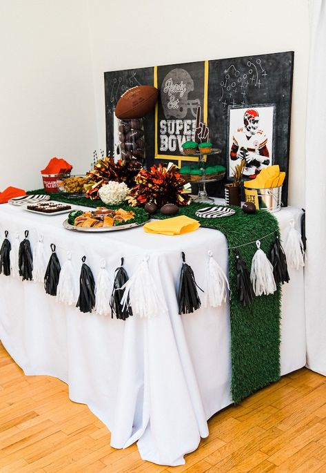 Super Bowl Party Table from a Super Bowl Football Fun Party on Kara's Party Ideas | KarasPartyIdeas.com (21) Football Brownies, Chalkboard Backdrop, Football Centerpieces, Nfl Party, Superbowl Party Games, Superbowl Party Decorations, Super Bowl Decorations, Football Banquet, Football Party Decorations