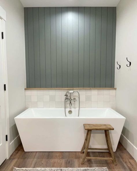 Bathroom Accent Wall Above Tub, Free Standing Bath Tub With Ledge, Shiplap Bathtub Wall, Master Bath Accent Wall Behind Tub, Bathroom Tile Ideas Accent Wall, Half Shiplap Wall Bedroom, Accent Wall Behind Bathtub, Tub Accent Wall, Accent Wall Behind Tub