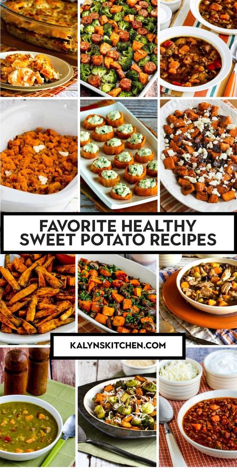 Pinterest image collage for Favorite Healthy Sweet Potato Recipes showing 12 different prepared recipes for Healthy Sweet Potatoes ready to serve. Things To Eat With Sweet Potatoes, Sweet Potato Main Course Recipes, Health Sweet Potato Recipes, Savory Stuffed Sweet Potato Recipes, Ways To Eat Sweet Potatoes, Heart Healthy Sweet Potato Recipes, Sweet Potato Toppings Healthy, Recipes With Sweet Potatoes Healthy, Clean Sweet Potato Recipes