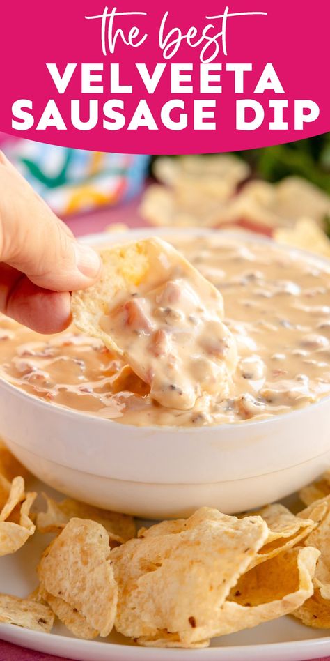 The best velveeta sausage cheese dip! A super easy dip made with cheese, cream cheese, rotel, and sausage! Perfect for game day! Sausage Cheese Dip Crockpot, Velvets Cheese Dip, Velveta Cheese Dip, Queso With Velveeta, Velvetta Cheese Dip, Velveeta Cheese Recipes, Velveeta Sausage Dip, Velveeta Queso Dip, Cream Cheese Rotel