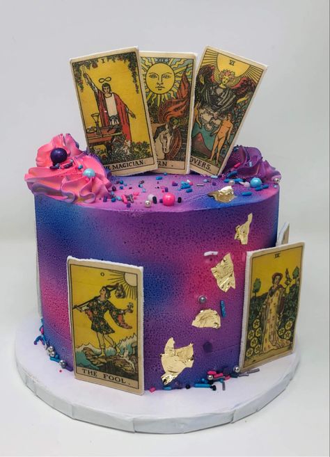 Tarot card mystical spiritual witchy birthday cake Tarot Cake Ideas, Astrology Birthday Cake, Tarot Card Cake, Trippy Cake, Spiritual Cake, Witchy Birthday Cake, Aquarius Birthday Cake, Witchy Birthday, Birthday Witch