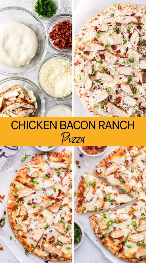 Chicken Bacon Ranch Naan Pizza, Chicken Ranch Pizza Recipe, Homemade Chicken Bacon Ranch Pizza, Pizza Recipes Without Tomato Sauce, Home Made Pizza Night, Chicken Bacon Ranch Pizza Recipe, Ranch Pizza Recipes, Homemade Pizza Topping Ideas, Canned Chicken Pizza