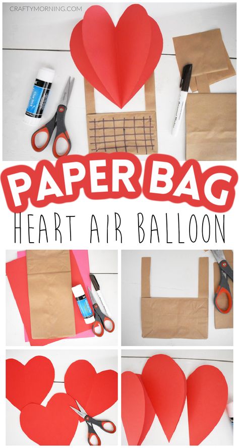 Valentines Hot Air Balloon Craft For Kids, Valentine Paper Bag Ideas, Heart Decorations Diy Craft Projects, Diy Valentines Bags Brown Paper, Paper Bag Valentines Craft, Easy Valentine Bags For Kids, Love Is In The Air Preschool Craft, Diy Valentines Bags For Kids Classroom, Brown Bag Valentine Ideas For Kids