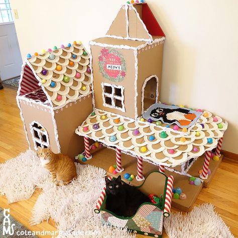 DIY Gingerbread House for Cats - Cole & Marmalade Cat Gingerbread, Cat Proof Christmas Tree, Cat Mansion, Gingerbread Cat, Cardboard Gingerbread, Diy Gingerbread House, Cardboard Gingerbread House, Ginger Bread House Diy, Diy Gingerbread