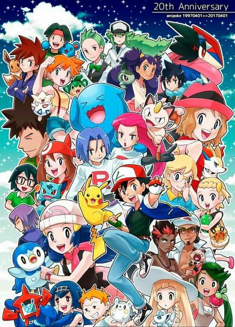 20th Anniversary by Anipoke Pokemon Kalos, Pokemon Mew, Pokemon Poster, Pokemon People, Cool Pokemon Wallpapers, Pikachu Wallpaper, Pokemon Manga, Ash Pokemon, Hxh Characters