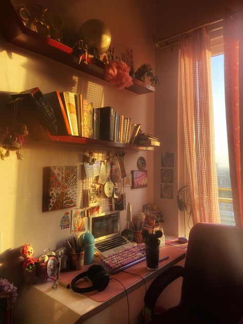 Eclectic Maximalism Desk, Aesthetic Desk Setup Maximalist, Maximalist Desk Aesthetic, Dark Wood Desk Aesthetic, Whimsigoth Desk, Maximalist Desk Setup, Desk Tour Aesthetic, Desk Area Aesthetic, Hippie Desk