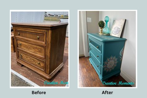 What a fun dresser created with a kaleidoscope transfer and pretty teal paint, the full tutorial is linked Fun Dresser, Milk Paint Furniture, Refinish Furniture, Teal Paint, Painted Desk, Painted Dresser, Painted Chairs, Wood Filler, Dining Table Black