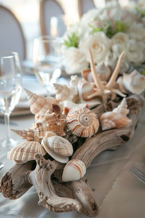 30 Unforgettable Wedding Table Centerpieces That Will Steal the Show Wedding Shell Decor, Beach Wedding Diy Decorations, Beach Theme Table Decorations, Beach Table Centerpieces, Seashell Table Decor, Beach Table Settings, Seashell Table, Seashell Centerpieces, Beach Centerpieces