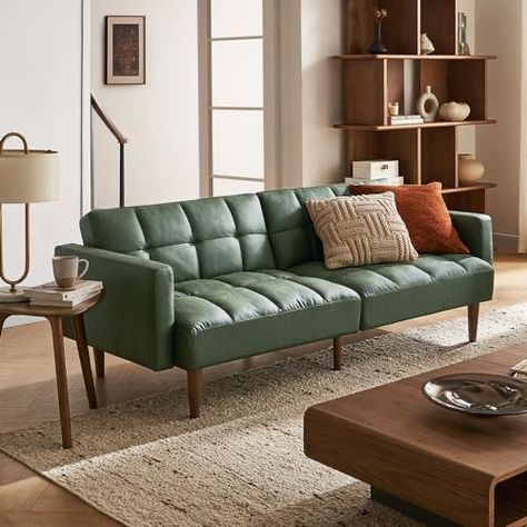 Black Futon Green Gold, Emerald Green Futon, Futon Green, Green Vegan Leather Sofa, Modern Futon, Bedroom Couch, Sofa Bed Sleeper, Futon Couch, Green Sofa 90"