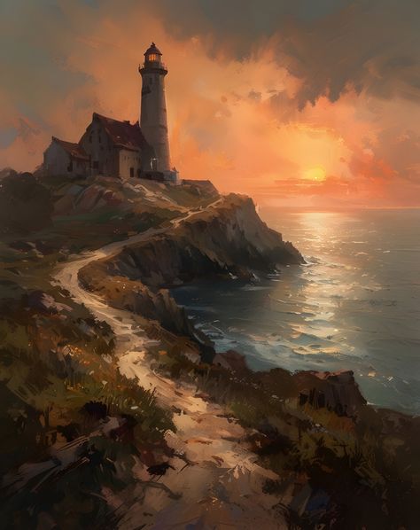 Old Lighthouse . . . #digitalart #visualart #artofvisuals #digitalartwork #fantasyart #fantasyartwork #digitalartwork #3dart #photoshop #aiart #aiartcommunity #digitalartist #fineart #digitalpainting #aesthetic #aestheticart #peacefulart #lighthouse #scenery #landscapeart Lighthouse Reference Photo, Thomas Kinkade Lighthouse, Lighthouse Keeper Aesthetic, Old Lighthouse Aesthetic, Light House Art, Fantasy Lighthouse, Inside A Lighthouse, Spooky Lighthouse, Maritime Aesthetic