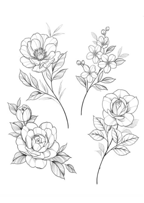 Fine Flower Tattoo Design, Floral Line Drawing Tattoo, Mixed Flower Tattoo, Linework Flower Tattoo, Feminine Floral Tattoo, Flower Linework, Peony Outline, Flower Outline Tattoo, Fine Line Floral Tattoo