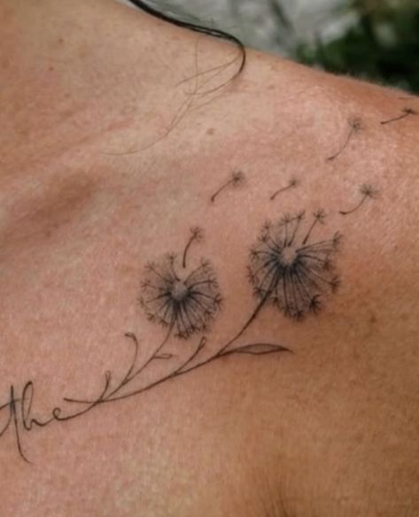 Shoulder Dandelion Tattoo, Elephant Dandelion Tattoo, Dandelion Child Tattoo, Dandelion Collar Bone Tattoo, Dandelion Tattoo Collar Bone, Someday Tattoo, Buttercup Tattoo, Bohemian Tattoo, Birthday Tattoo