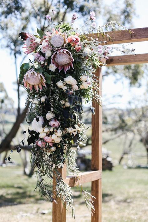 native flower wedding arbour                                                                                                                                                                                 More Protea Wedding, Cheap Wedding Flowers, Planning Business, Wedding Arbour, Arch Flowers, Unique Wedding Flowers, Names Ideas, Ceremony Flowers, Rustic Barn Wedding