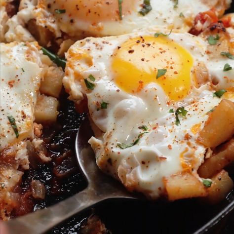 Afghani Omelette & Turkish Poached Egg Omelette Recipe, Diced Potatoes, Garlic Clove, Poached Egg, Chili Oil, Green Chilies, Poached Eggs, Cooking Oil, Red Pepper Flakes