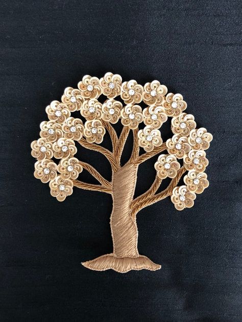 Golden Embroidered Tree Applique,Brown Gold Tree Patch,Zari Sequins Applique,Flowering Tree Applique Sequence Work Embroidery, People Embroidery, Embroidery Landscape, Tree Applique, Embroidered Accessories, Landscape Embroidery, Zardosi Embroidery, Hand Work Design, Zardozi Embroidery