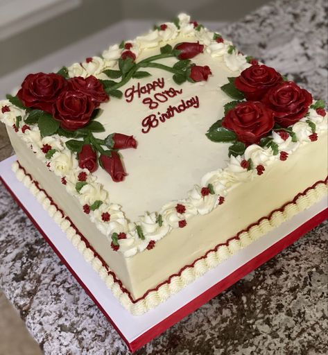 Red Velvet Square Cake Design, Fruit On Top Of Cake, Birthday Cake Ideas Rectangle, Birthday Cake For 50 Year Old Women, Cake Squares Decoration, Red Roses Birthday Party Ideas, Square Cake Birthday, Red Rose Cake Design, Square Cake Ideas