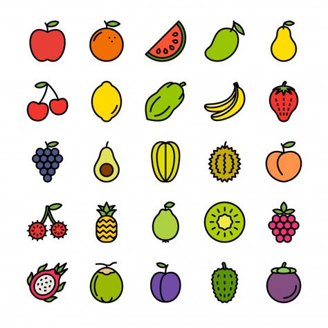 Fruits Doodle Drawings, Fruit Pictures Drawing, Fruit Doodles Easy, Cartoon Fruit Drawing, Simple Fruit Drawings, Cute Fruits Drawings, Fruit Doodle Art, Fruits To Draw, Fruit Drawing Simple