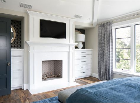 Bedroom Dresser With Tv, Brooke Wagner Design, Brooke Wagner, Bedroom Built Ins, California Beach House, Built In Dresser, Dresser With Tv, Trending Paint Colors, Fireplace Built Ins