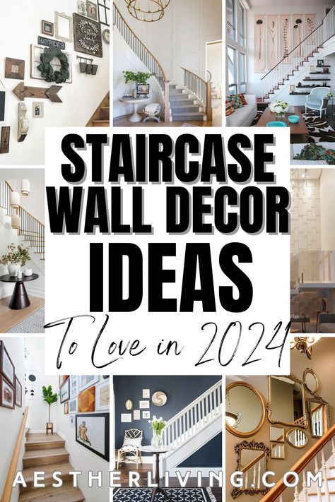 19 Wall above Stairs Decor Ideas to Love in 2024 - Aesther Living Large Slanted Wall Decor Living Room, Wall Along Stairs Decor, Wall Art For Staircase, Wall Art For Stairs, How To Decorate A Stairwell, Stairway Walls Ideas, Wall Going Up Stairs Decor, Staircase Wall Art Ideas, Picture Wall Ideas Stairs